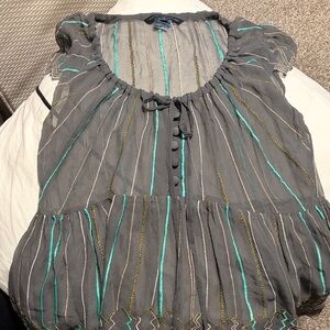 French Connection Gray Sheer Blouse with Teal and Gold Stripes